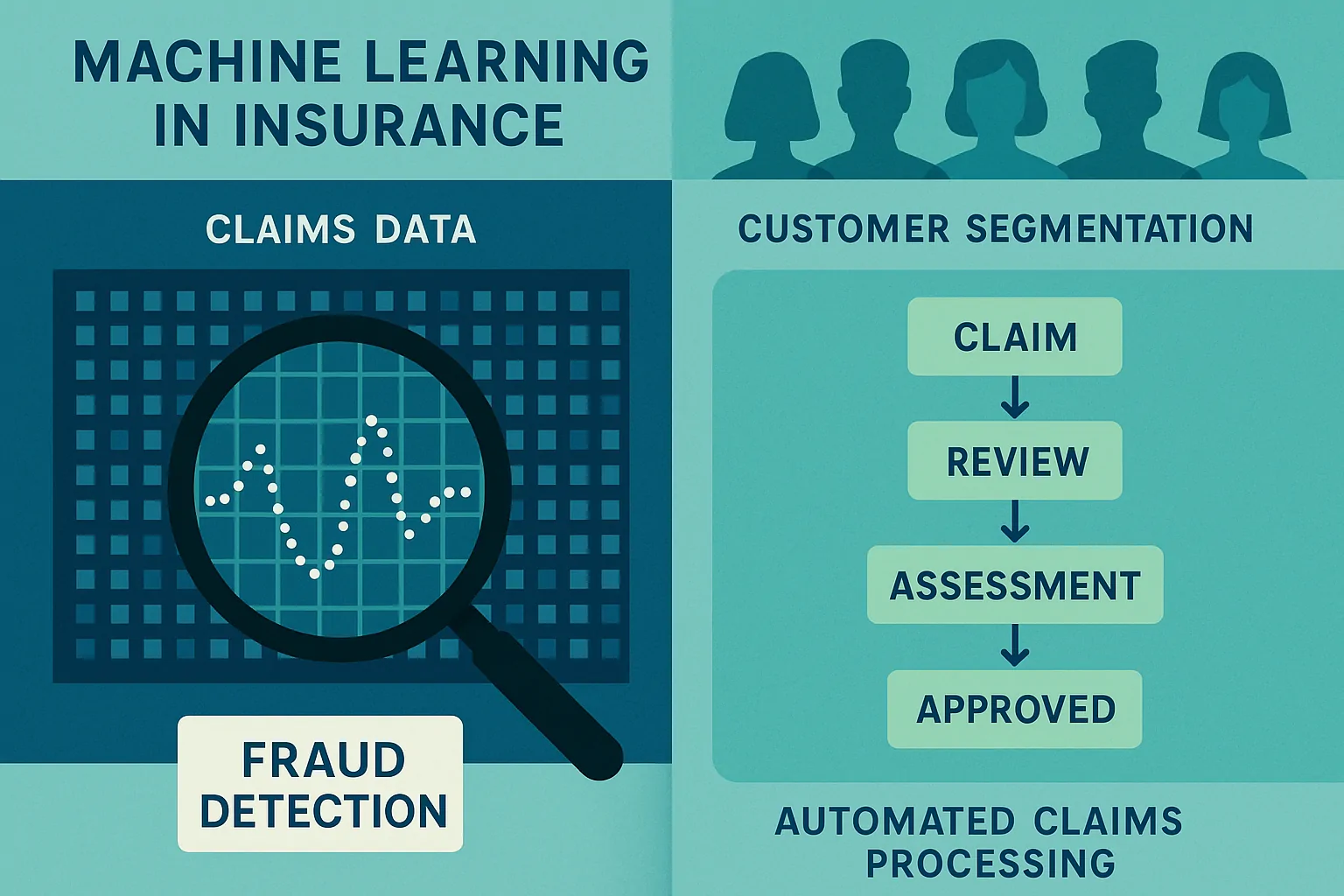 An editorial illustration showing the applications of machine learning in insurance, including fraud detection with a magnifying glass over claims data, automated claims processing flowchart, and silhouettes of diverse customers for segmentation.