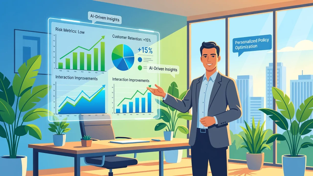 An illustration of a life insurance agent interacting with holographic AI analytics in a modern office, showcasing risk assessment tools and customer engagement data.